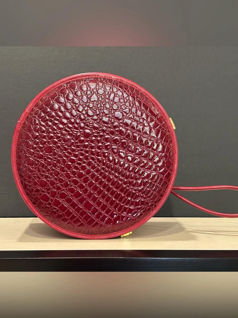 Nordstrom Red Croc-Embossed (Faux) Round Hat Box Cosmetic Case, Burgundy